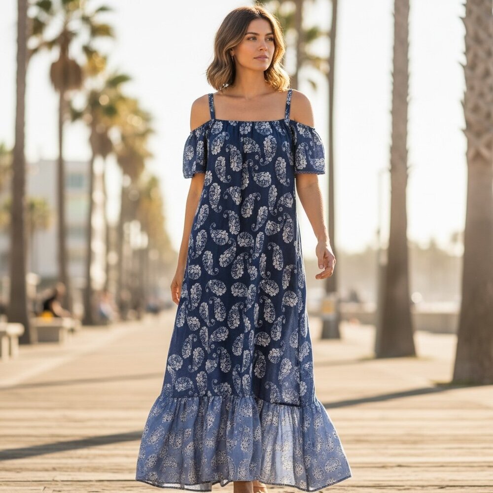 Mlle Gabrielle‎ Maxi Dress Floral Ruffle Hem Off Shoulder Sz L Blue #208F